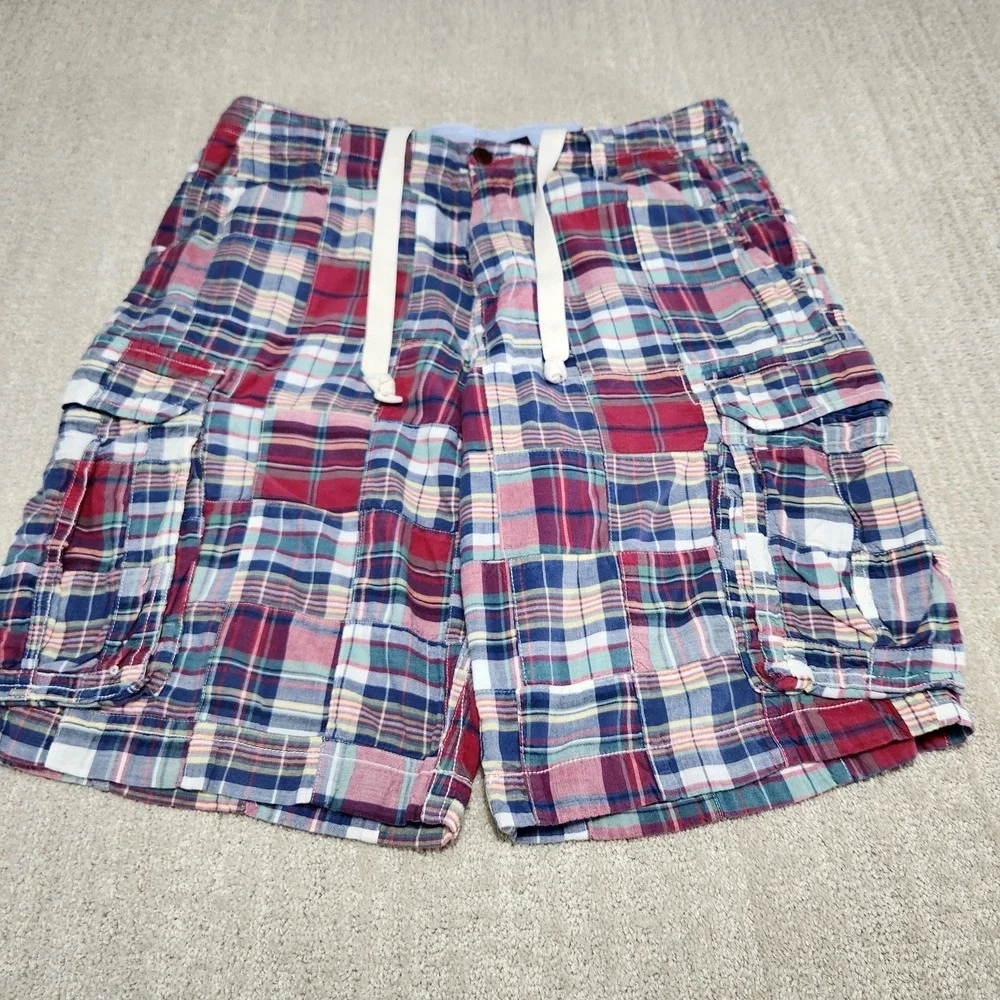 J Crew Patchwork Cargo Shorts Men 32 Relaxed Fit Vintage Style Drawstring Madres